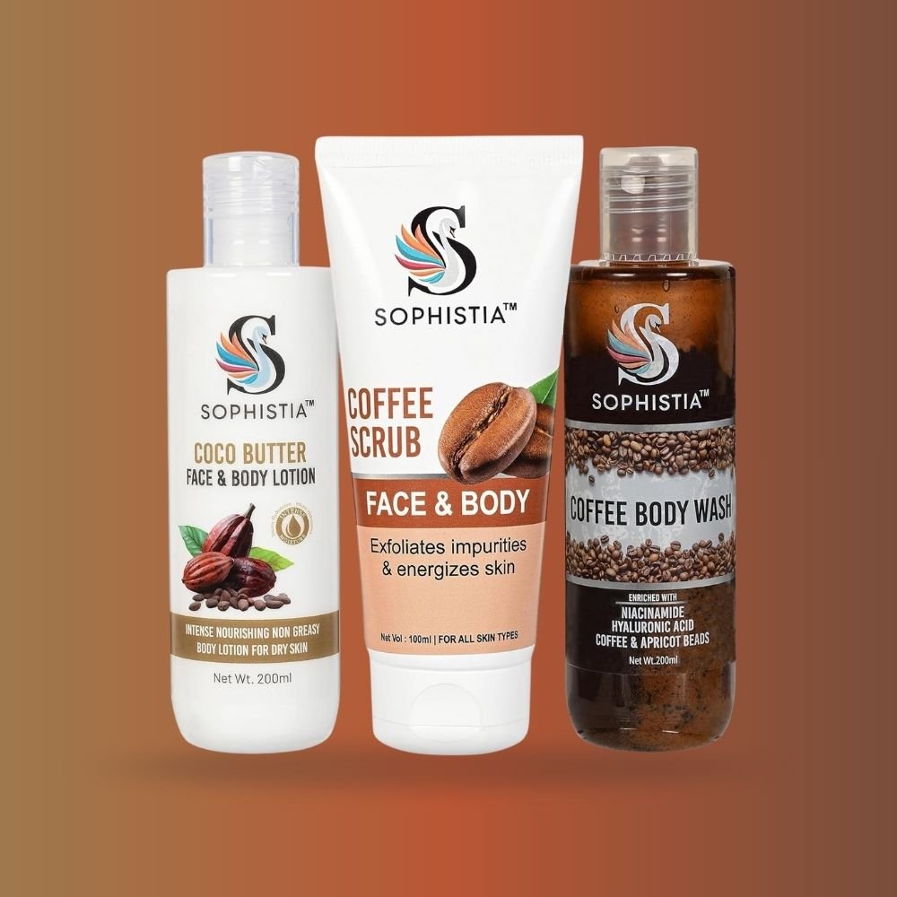 Coffee Scrub 100ml + Coffee Body Wash 200ml + Cocoa Butter Face & Body Lotion 200ml – Exfoliates
