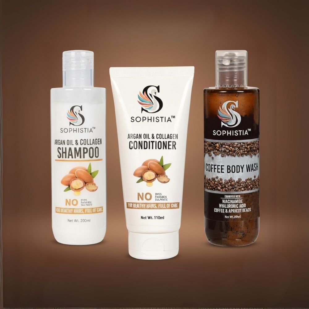 Argan Oil & Collagen Shampoo 200ml + Conditioner 100ml + Coffee Body Scrub 200ml Combo